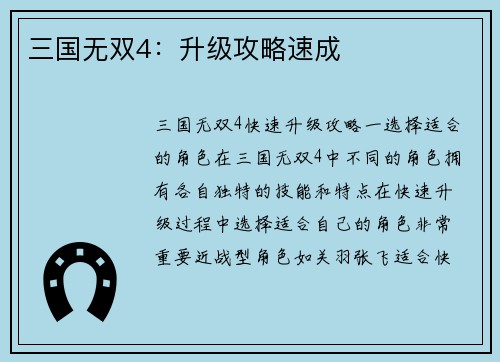 三国无双4：升级攻略速成